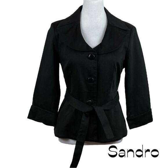 Sandro Black Neutral Minimalist Academia Belted Jacket NWT Size S - Picture 2 of 13